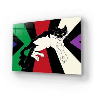 Bespoke decorative glass art featuring a black and white cat on vibrant geometric background