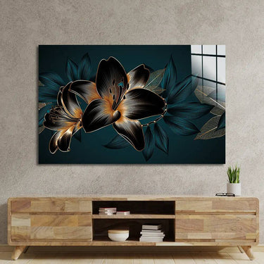 Vintage Elegant Luxury Gold Background Hand Drawn Lily Flower Glass Wall Art - DIY - CreoGlass®