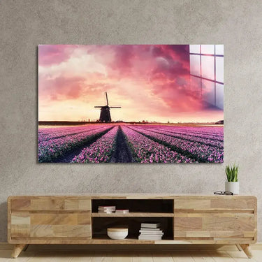 Windmill And Tulips Glass Wall Art - Landscape Sizes - DIY - CreoGlass®