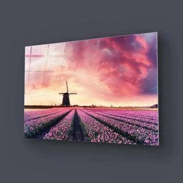 Windmill And Tulips Glass Wall Art - Landscape Sizes - DIY - CreoGlass®