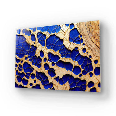Bespoke decorative glass panel with blue and gold cracked texture, ideal for luxury interiors