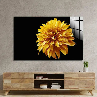 Yellow Chrysanthemum With Black Background Glass Wall Art - DIY - CreoGlass®
