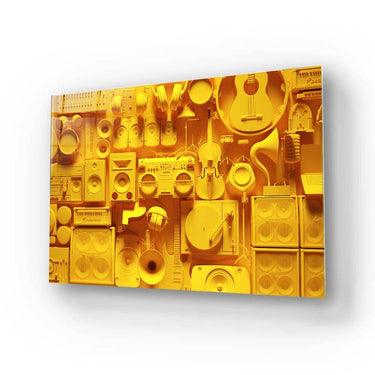Vibrant yellow wall art featuring musical instruments and audio equipment in bold 3D design