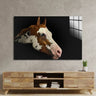 Bespoke glass art featuring a horse portrait, mounted above a modern wooden console in a contemporary living space.