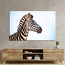 Zebra portrait wall art on textured gray wall above wooden media console, modern home decor