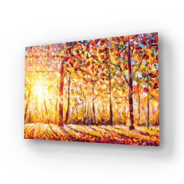 Vibrant autumn forest art print with warm golden light, ideal for luxury residential decor