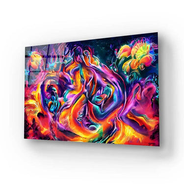 Vibrant abstract glass art with swirling neon colors, ideal for luxury residential or commercial decor.