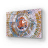 Abstract decorative glass wall clock with vibrant splatter art design for modern interiors