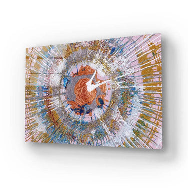 Abstract decorative glass wall clock with vibrant splatter art design for modern interiors