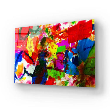 Vibrant abstract art print with bold colorful splashes and geometric shapes, modern wall decor