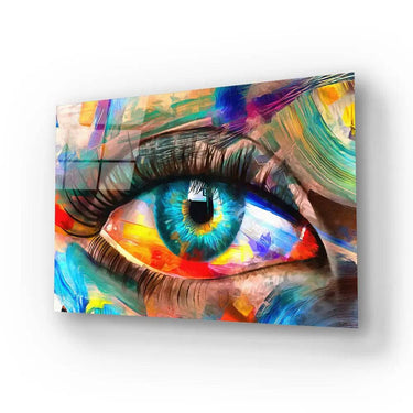 Vibrant abstract eye artwork on glass panel, colorful modern decorative glass for interior design