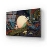Bespoke decorative glass art panel with ethereal figures, moon, and birds for luxury interiors