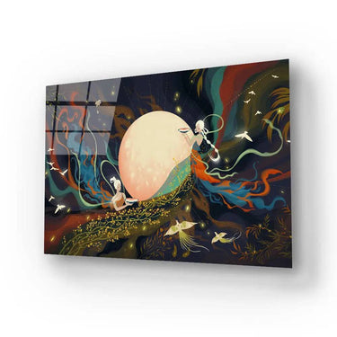 Bespoke decorative glass art panel with ethereal figures, moon, and birds for luxury interiors