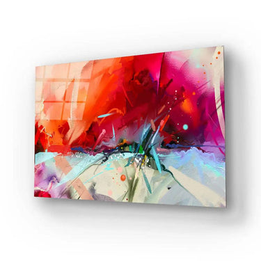 Vibrant abstract art glass panel with bold red, pink, and teal hues for modern interior decor