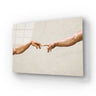 Bespoke decorative glass panel featuring iconic hands artwork, ideal for luxury interiors and architectural design.