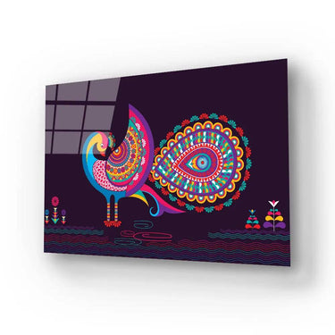 Vibrant peacock art glass panel with intricate mandala patterns, ideal for decorative interior design