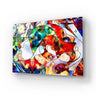 Vibrant abstract glass art with colorful geometric patterns and sun motifs, ideal for modern interior design