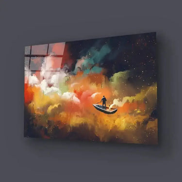 Man Boat Outer Space Colorful Cloud Glass Wall Art - DIY - CreoGlass®
