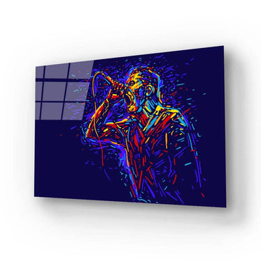 Vibrant neon-style singer artwork on glass panel, ideal for decorative glass walls or feature mirrors.