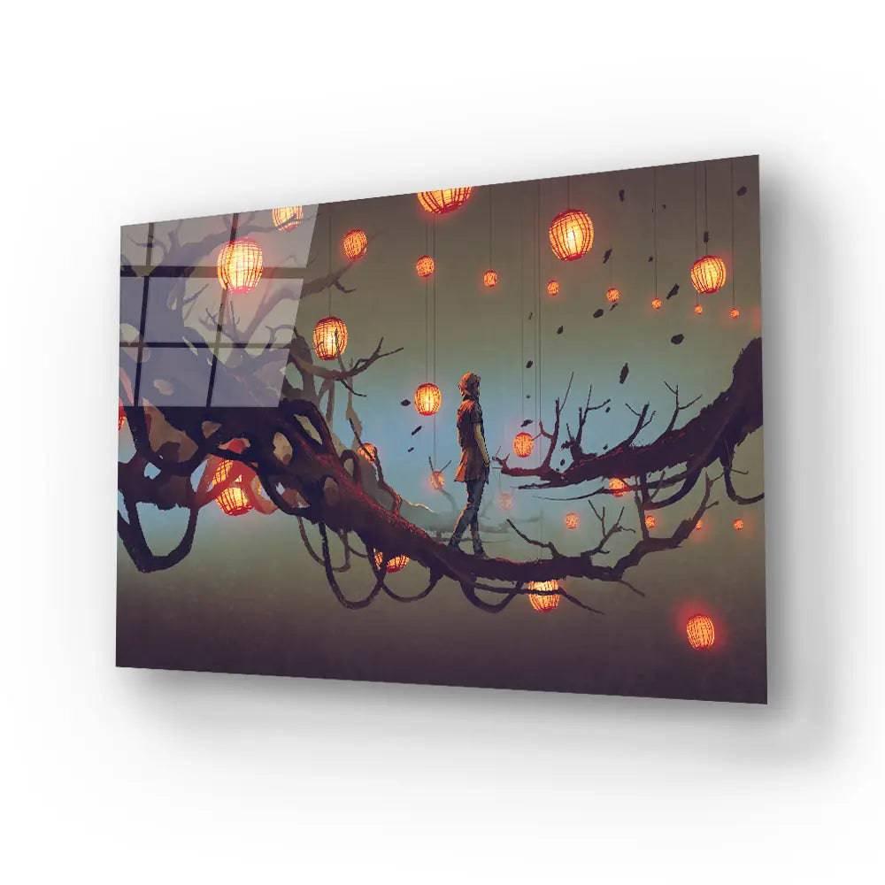 Man Walking Tree Branch Many Red Lanterns Glass Wall Art - DIY - CreoGlass®