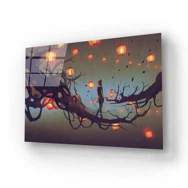 Man Walking Tree Branch Many Red Lanterns Glass Wall Art - DIY - CreoGlass®