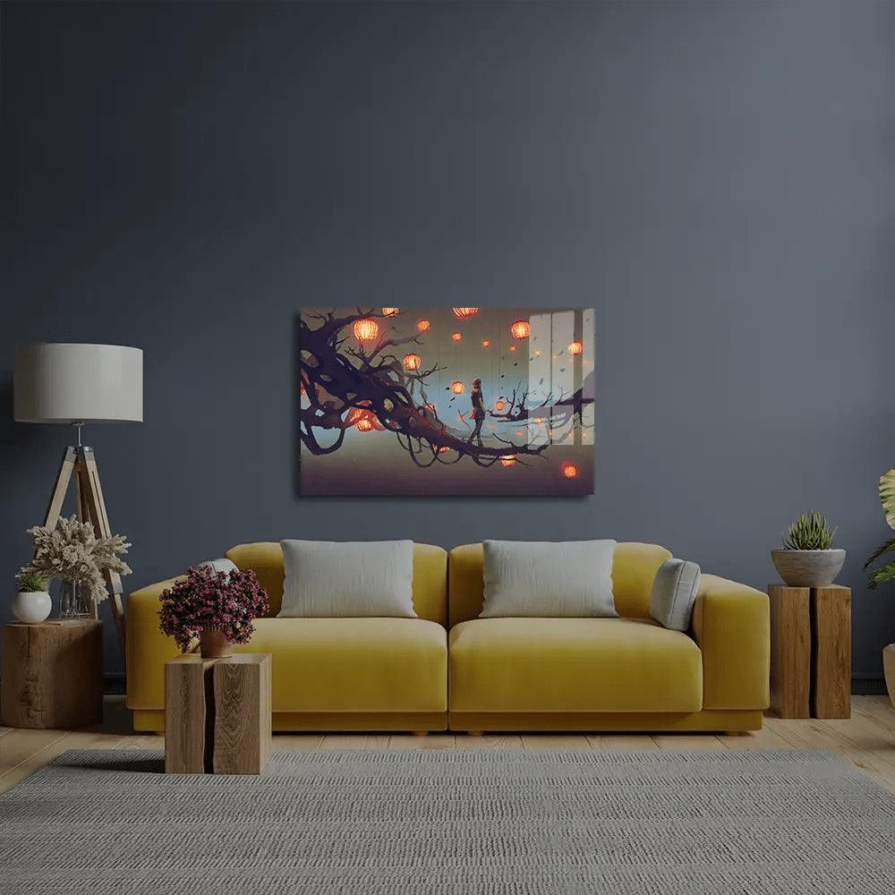 Man Walking Tree Branch Many Red Lanterns Glass Wall Art - DIY - CreoGlass®