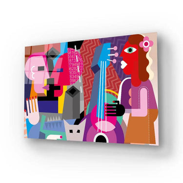 Vibrant abstract wall art with geometric figures, guitar, and bold colors for modern interior decor