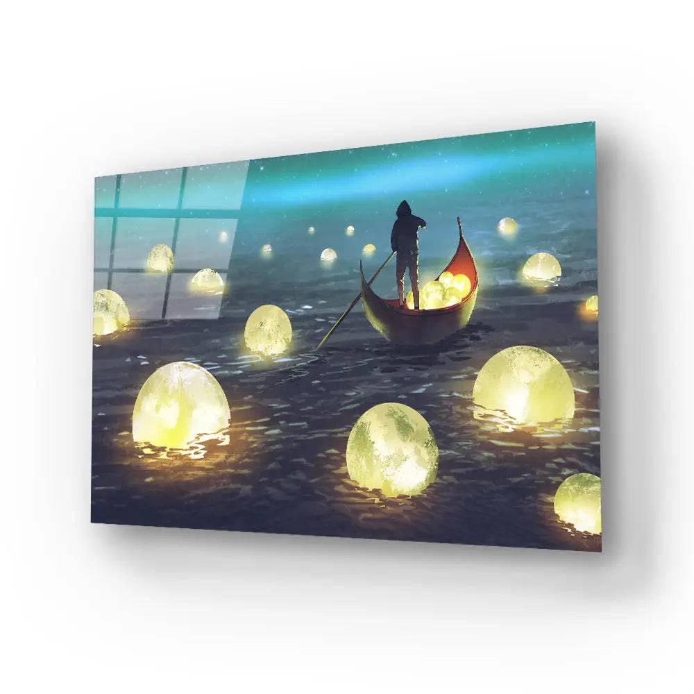 Night Scenery Man Rowing Boat Among Many Glowing Moons Floating Sea Glass Wall Art - DIY - CreoGlass®