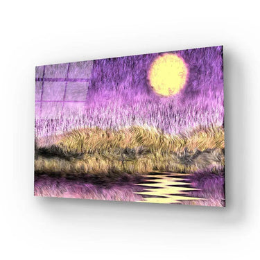 Abstract purple sunset landscape canvas art with golden sun and reflective water