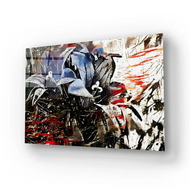 Abstract art glass panel with bold red, black, and blue strokes for modern interior decor