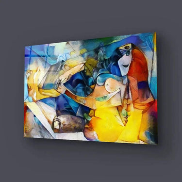 Vibrant abstract art print on glass, featuring bold colors and geometric forms for modern interior decor.