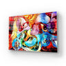 Vibrant abstract art glass panel with colorful fluid designs, ideal for modern interior decor and feature walls.