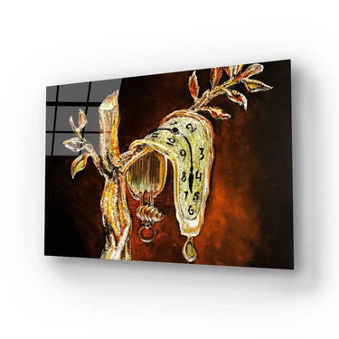Surreal melting clock artwork with branches, decorative glass effect, modern wall art for luxury interiors