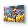 Abstract glass art panel with surreal dancer, golden landscape, and glowing accents for modern interiors