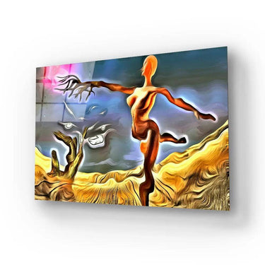 Abstract glass art panel with surreal dancer, golden landscape, and glowing accents for modern interiors