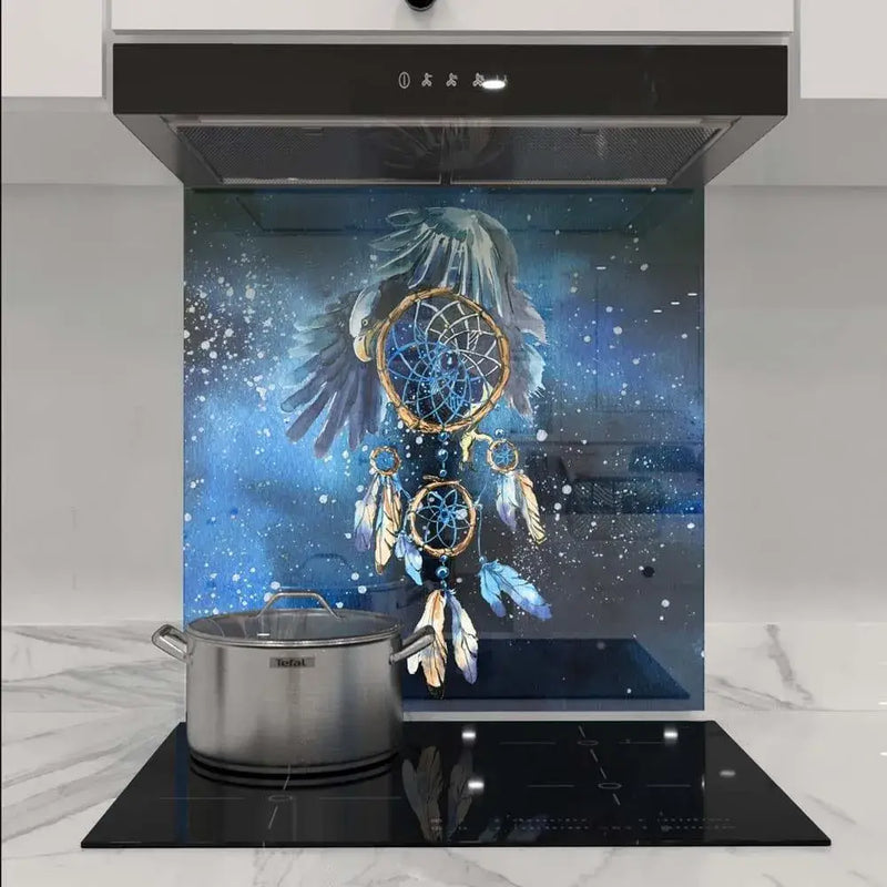 Bespoke decorative glass splashback with dreamcatcher and eagle design in modern kitchen