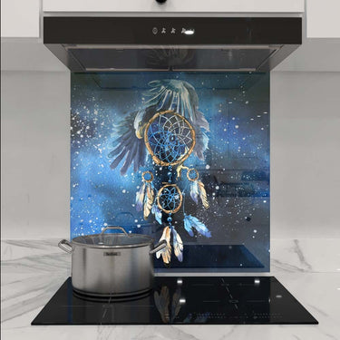 Bespoke decorative glass splashback with dreamcatcher and eagle design in modern kitchen