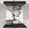 Bespoke decorative glass splashback with abstract smoke art in modern kitchen