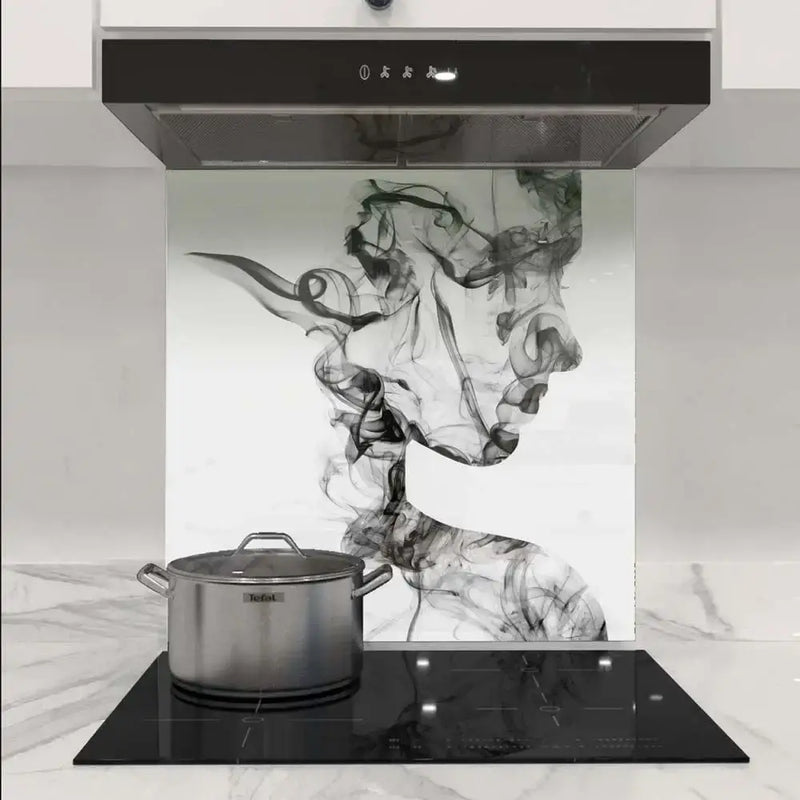 Bespoke decorative glass splashback with abstract smoke art in modern kitchen