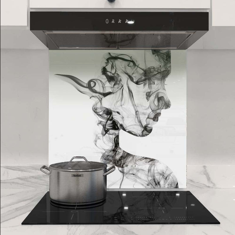 Bespoke decorative glass splashback with abstract smoke art in modern kitchen