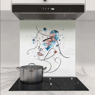Abstract face art glass splashback with blue heart design in modern kitchen