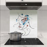 Abstract face art glass splashback with blue heart design in modern kitchen
