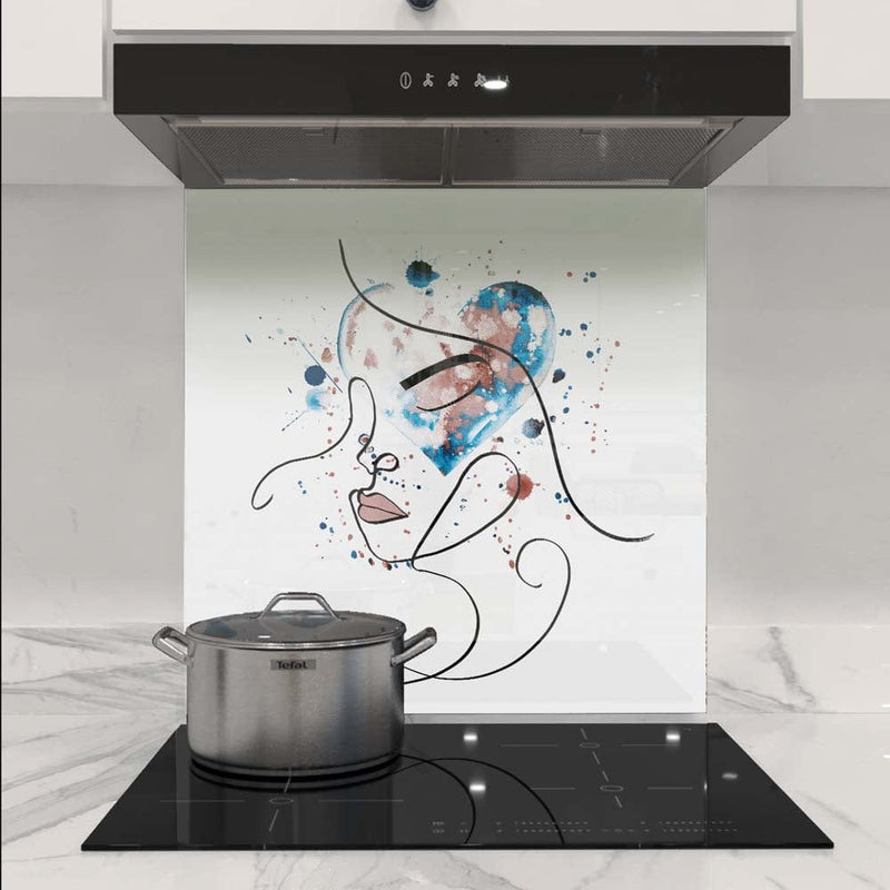 Abstract face art glass splashback with blue heart design in modern kitchen