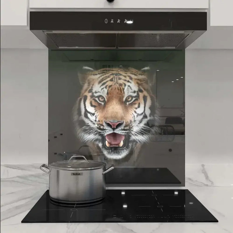 Bespoke kitchen splashback with tiger print, decorative glass for modern luxury interiors