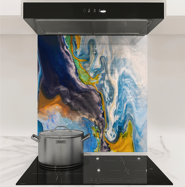 Modern kitchen stovetop with stainless steel pot and colorful abstract backsplash art panel