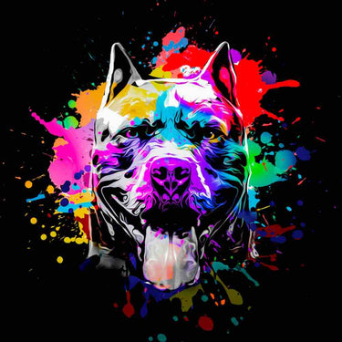 Vibrant colorful dog portrait with paint splashes, ideal for decorative glass art