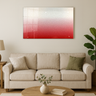 Modern living room with beige sofa, wooden coffee table, greenery, and red to white gradient wall art