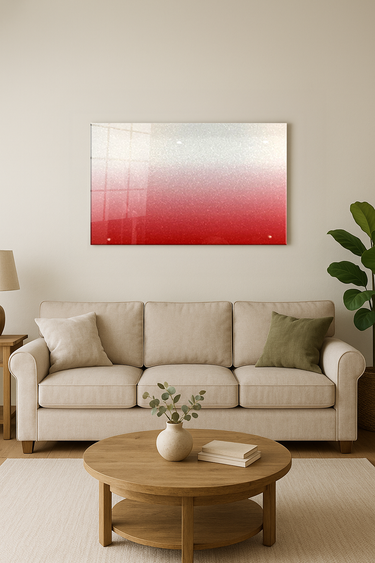 Modern living room with beige sofa, wooden coffee table, greenery, and red to white gradient wall art