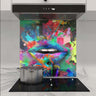 Vibrant abstract lips artwork on custom kitchen glass splashback with colorful paint splashes