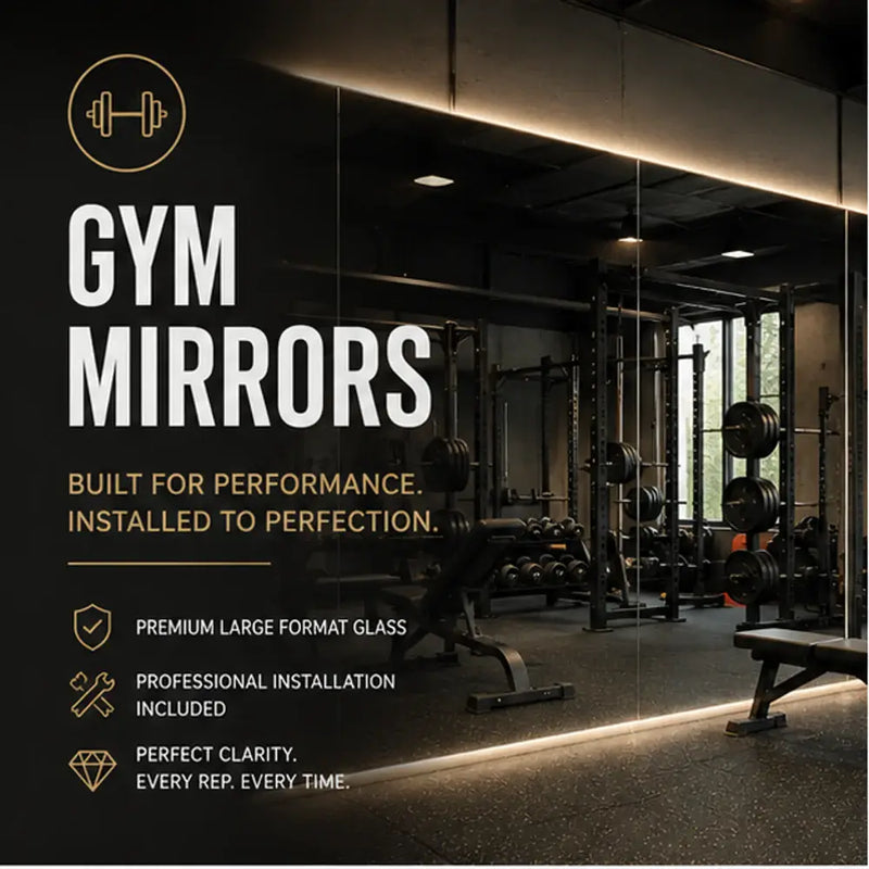 Large format gym mirrors with LED lighting, perfect clarity for fitness training and professional installation